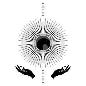 Hand drawn mystical Sun with woman hands and stars in line art. Spiritual symbol celestial space. Magic talisman isolated on white