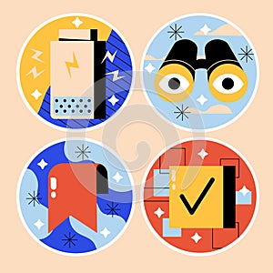 Hand drawn naive mobile app sticker set Vector illustration.