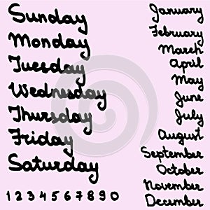 Hand drawn names days of the week and month