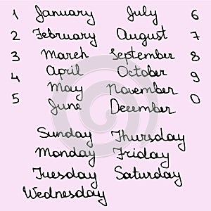 Hand drawn names days of the week and month