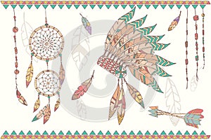Hand drawn native american dream catcher, beads and feathers