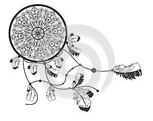 Hand drawn native american dreamcatcher with feathers