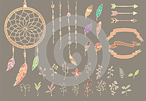 Hand drawn native american feathers, dream catcher, beads, arrows, flowers