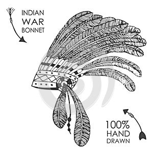 Hand-drawn native American indian chief headdress with feathers. Sketch style.