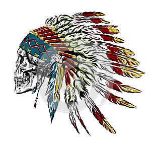 Hand Drawn Native American Indian Feather Headdress With Human Skull. Vector Illustration