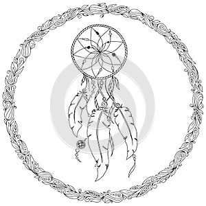 Hand drawn monochrome Dreamcatcher isolated on white background.