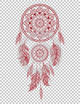 Hand drawn Native American Indian talisman dreamcatcher with feathers. Vector hipster illustration .