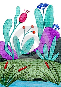 A hand drawn nature background with flowers,stones and grass on the white background image for print. Icon.