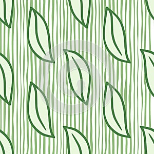Hand drawn nature seamless abstract pattern with outline leaves elements. Striped green and white background