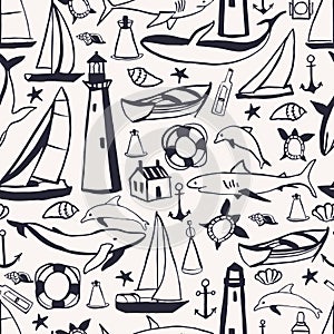 Hand drawn nautical icon set. Vector seamless pattern