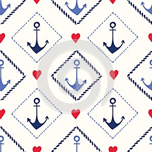 Hand-Drawn Nautical Rope Frames with Anchors and Hearts Vector Seamless Pattern. Marine Background