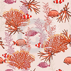 Hand drawn nautical sea treasure animal and coral seamless pattern prints vector design for fashion,fabric,web wallpaper and all