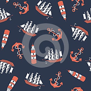 Hand drawn nautical seamless pattern.