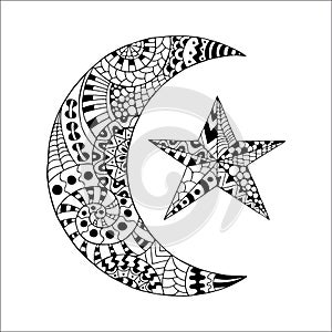 Hand drawn new moon and star for anti stress colouring page.