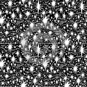Hand drawn night starry sky stars shapes seamless abstract pattern beautiful fashion style. Retro aesthetic background.