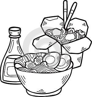 Hand Drawn Noodles and Instant Noodles Chinese and Japanese food illustration