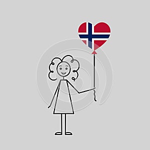 hand drawn norwegian girl, love Norway sketch, curly girl with a heart shaped balloon, black line vector illustration