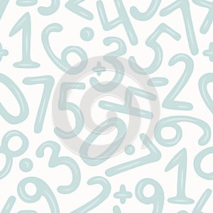 Hand drawn numbers in blue color seamless pattern, ABC repeat paper, Kids Educational endless pattern, Nursery background,