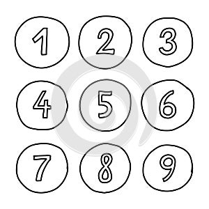 Hand drawn numbers from one to nine in round borders. Vector black line illustration isolated on white background.