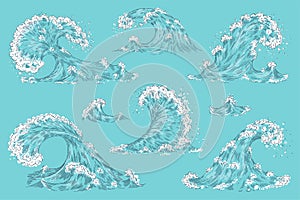 Hand drawn ocean wave. Vintage cartoon storm waves, tide water splash isolated elements. Vector swirl tsunami set photo