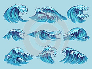 Hand drawn ocean waves. Sketch sea tidal blue waves tide splash hand drawn surfing storm wavy water doodle vintage set