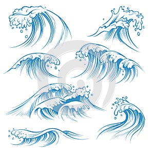 Hand drawn ocean waves. Sketch sea waves tide splash. Hand drawn surfing storm wind water doodle vintage elements