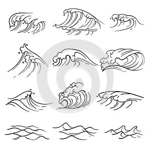 Hand drawn ocean waves vector set. Sea storm wave isolated