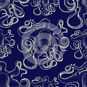 Hand drawn octopus vector seamless pattern .