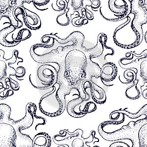 Hand drawn octopus vector seamless pattern .