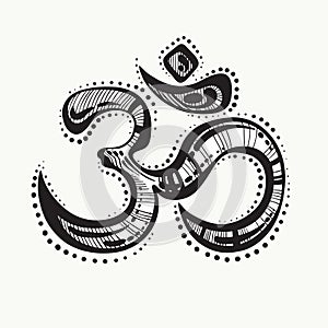 Hand drawn Ohm symbol, indian Diwali spiritual sign Om. High detailed decorative vector illustration.