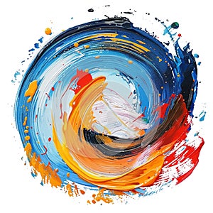 Hand drawn oil painting textured surface round spiral brush strokes splash splatter stain on white background. Modern colorful