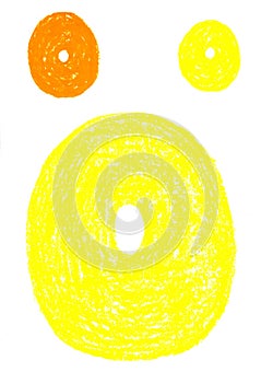 Hand-drawn oil and yellow pastel illustration of the letter `O`.