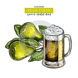 Hand drawn Oktoberfest, Saint Patrick day pub poster. Pear cider beer. Colored vector glass mug and pear branch. Bar