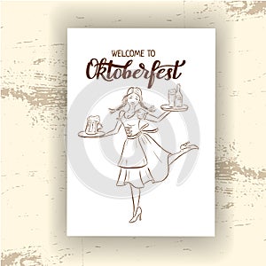 Hand drawn Oktoberfest typography and outline illustration of smiling girl in traditional german costume with beer on tray. Dancin