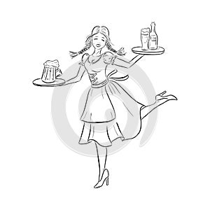 Hand drawn Oktoberfest typography and outline illustration of smiling girl in traditional german costume with beer on tray. Dancin