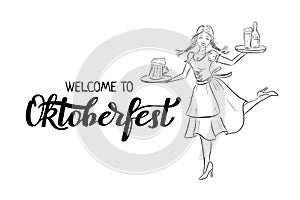 Hand drawn Oktoberfest typography and outline illustration of smiling girl in traditional german costume with beer on tray. Dancin