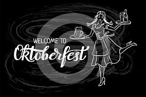 Hand drawn Oktoberfest typography and outline illustration of smiling girl in traditional german costume with beer on tray. Dancin