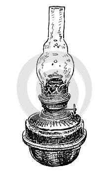 Hand drawn old kerosene lamp, obsolete household object, vector sketch isolated on white