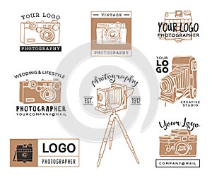 Hand drawn old photographic logo templates. Vintage style camera