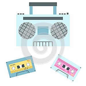 Hand drawn old school stereo radio cassete player with audio mixtape. Vector illustration of retro portable tape