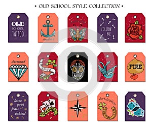 Hand drawn old School Tattoo Tags. Design Elements. Vector Vintage Set.