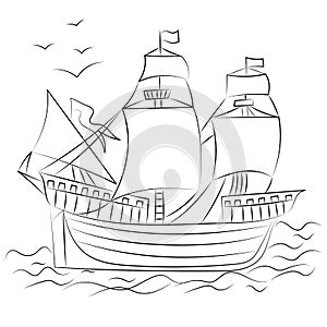 Hand Drawn Old Ship with Birds. Sketch Style.