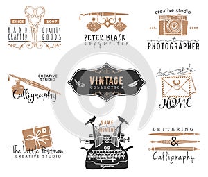 Hand drawn old stationery logo templates. Vintage style design