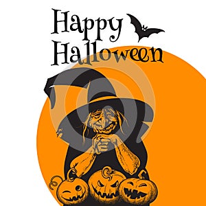 Hand drawn old witch bent over three Halloween pumpkins. Vector illustration isolated on Moon background