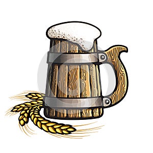 Hand drawn old wooden beer mug and barley or wheat ear label logo design. Vector illustration