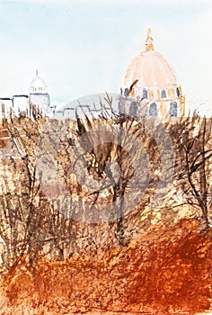 Hand-drawn ome of cathedral over garden in autumn