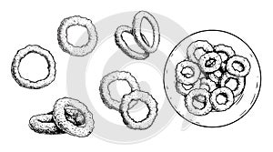 Hand drawn Onion fried rings set. Sketch style. Fast food collection.