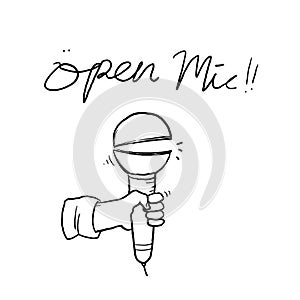 Hand drawn Open Microphone event party session doodle. Vintage styled vector illustration