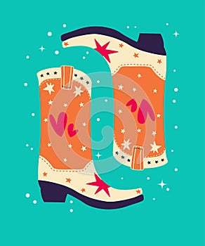 Hand drawn orange cowboy boots with hearts and stars on mint background. Cute greeting card vector illustration. Bright colorful