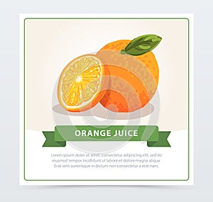 Hand drawn orange with slice and green leaf. Citrus fruit with source of vitamin C. Natural food. Cartoon vector design